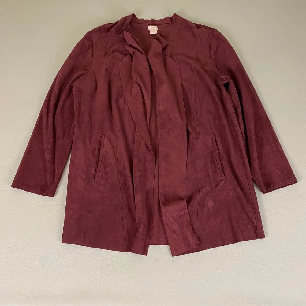 Chicos Cardigan Jacket Size‎ 3 (US XL 16 18) Burgundy Faux Suede Open Front